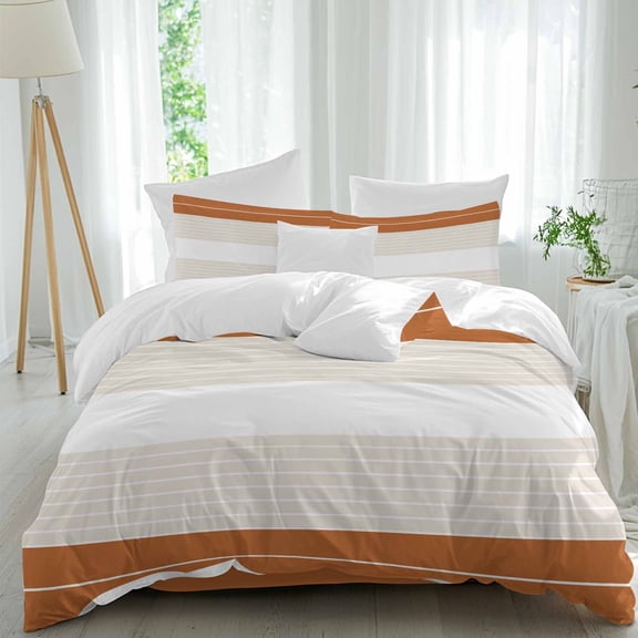 Caramel Beige Stripe Duvet Cover Set Queen Size, Gradient Line 4 Piece Soft Microfiber Bedding Set with 1 Duvet Cover, 1 Flat Sheet, 2 Pillowcases