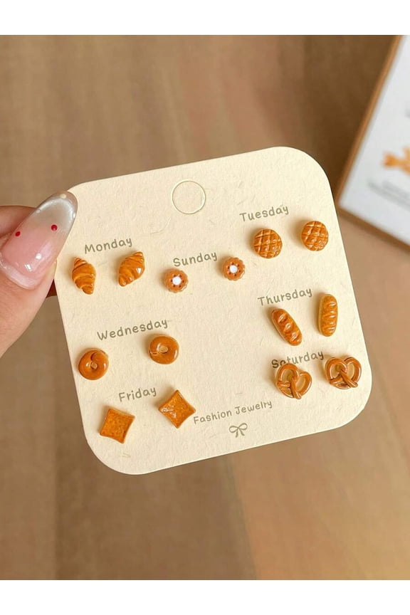Caramel Bread & Donut Stud Earring Set One Size A - 14pcs Minimalist Fashion Jewelry