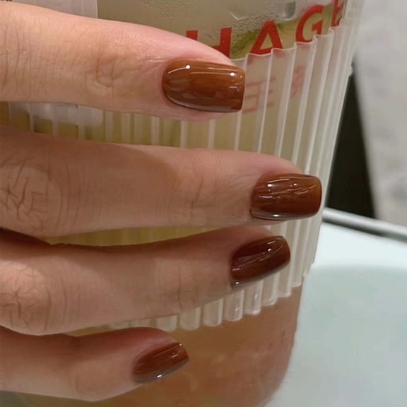 Caramel Brown Fall Press on Nails Short Medium Coffin, Solid Color Fake Nails Nails Press ons, Short Ballerina Glue on Nails With Glazed Finish, Simple Acrylic Nails For Finger Decoration