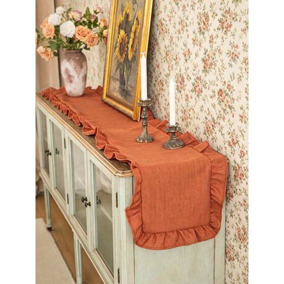 Caramel Colour Caramel Ruffled Linen Table Runner, French Style for Dining