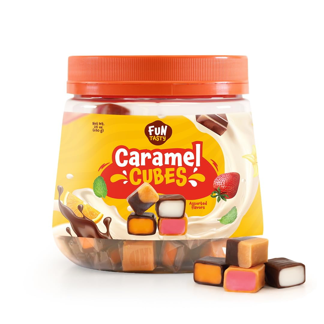 Caramel Cubes Candy, Assorted Flavors, Individually Wrapped, Jar 24 ...