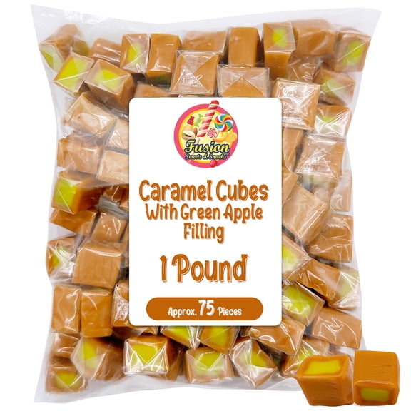Caramel Cubes Candy Green Apple Filling - 1 Pound Bulk Bag - Individually Wrapped, Caramel Chews Soft Classic Chewy Candy, For all Holidays And Any Occasion. (Approx 75 Count).