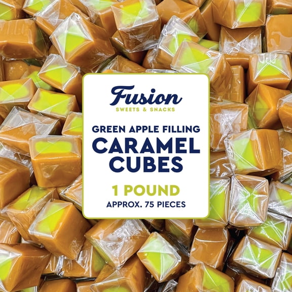 Caramel Cubes Candy Green Apple Filling - 1 Pound Bulk Bag - Individually Wrapped, Caramel Chews Soft Classic Chewy Candy, For all Holidays And Any Occasion. (Approx 75 Count)