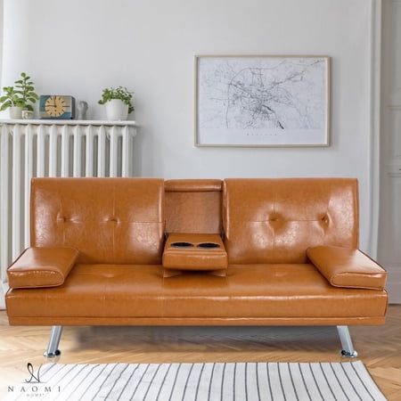 Caramel, Faux Leather Stylish Faux Leather Futon with Cup Holders Versatile Couch Cad, Adjustable Armrest & Easy Assembly for Any Space