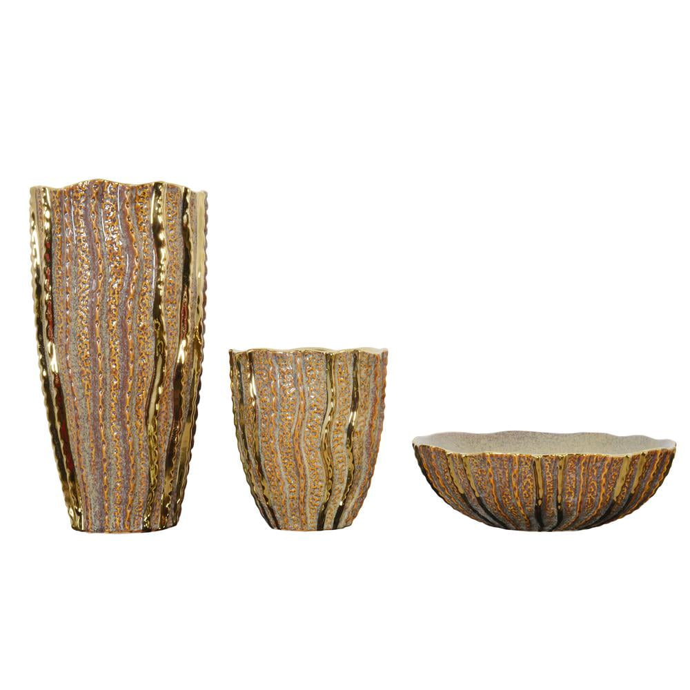 Carmel Gold Ceramic Decorative Vase and Bowl Set