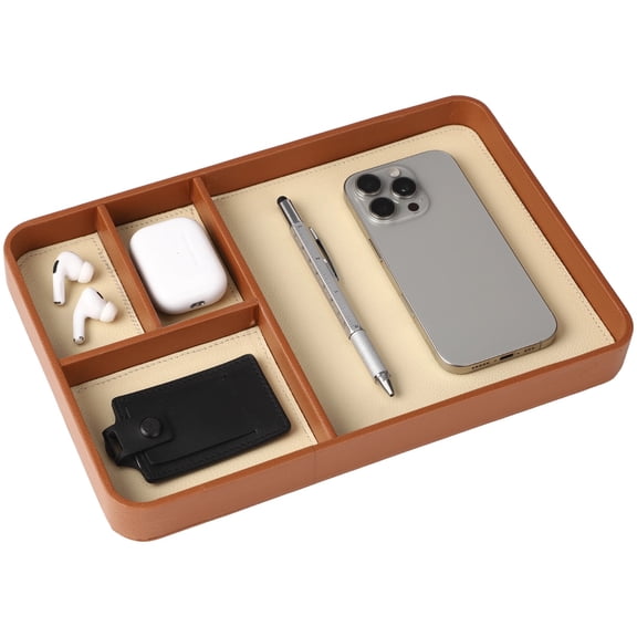 Caramel Leather Valet Tray for Men, Vegan Leather Catchall Tray, Nightstand Tray Bedside Organizer with 4 Compartments, 11.81 x 7.87 in