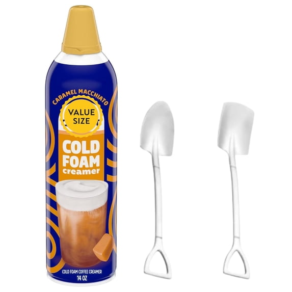 Caramel Macchiato Cold Foam Coffee Creamer, 14 oz Can with Dumbass Coffee Mini Metal Shovel Spoons (Caramel Macchiato) Shovel Spoons