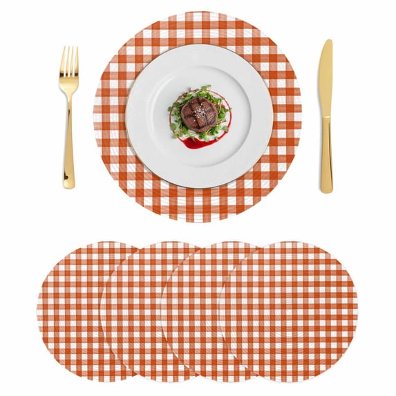 Caramel Plaid Round 13 Inch Placemats Set of 4, Farmhouse Country Orange Buffalo Checkered HeatResistant Non Slip Place Mats for Dining Table, Wipeable Braided Kitchen Table Mats for Housewarming