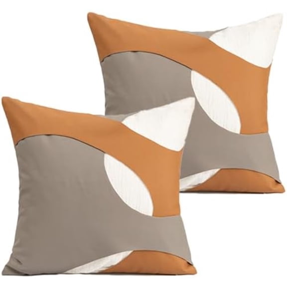 Caramel & Taupe Geometric Patch Pillow Covers 2-Pack Modern Abstract Cushion Cases with Faux Leather Accent, Hidden Zipper Neutral Throw Pillow Covers for Sofa/Bed (Cover Only)