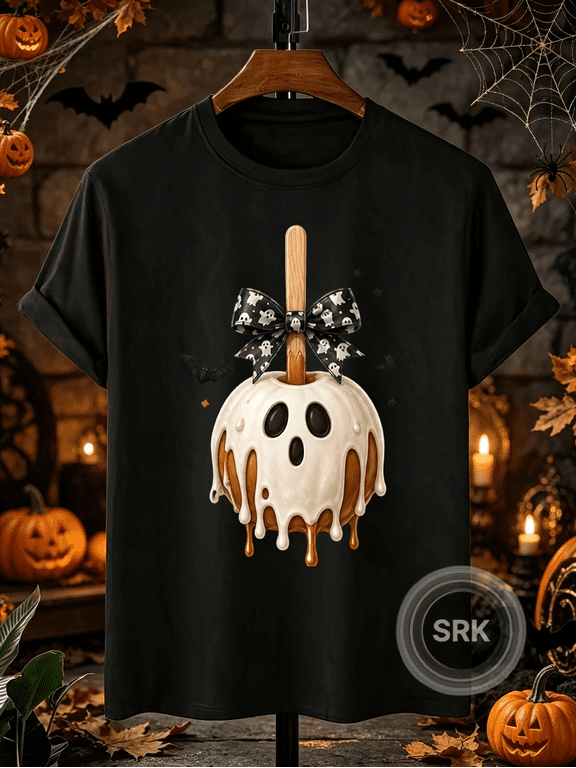 Caramel With Ghost Face And Skull Bow Vintage Graphic Crewneck Cotton Unisex T-Shirt