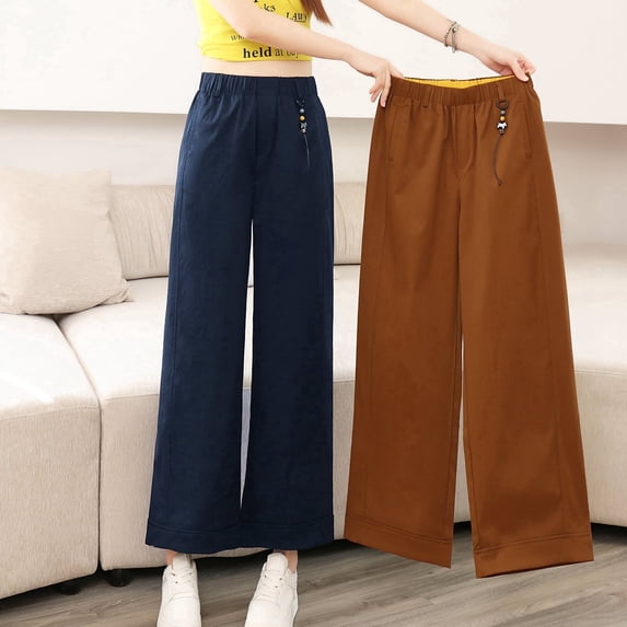 Caramel wide leg pants women's cropped pants summer loose straight leg pants new elastic waist casual pants