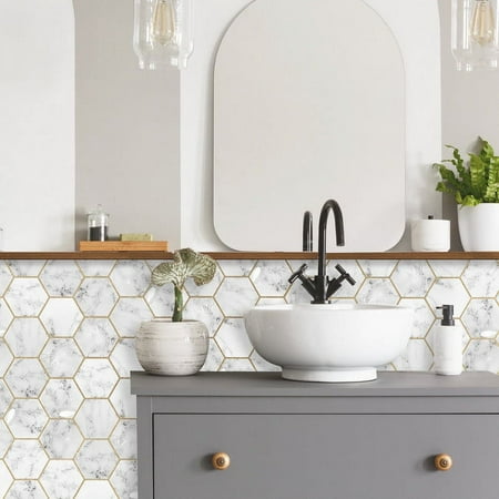 RoomMates 6" x 6" White Marble Hexagon Peel and Stick Tiles for Bathroom 4 Pack