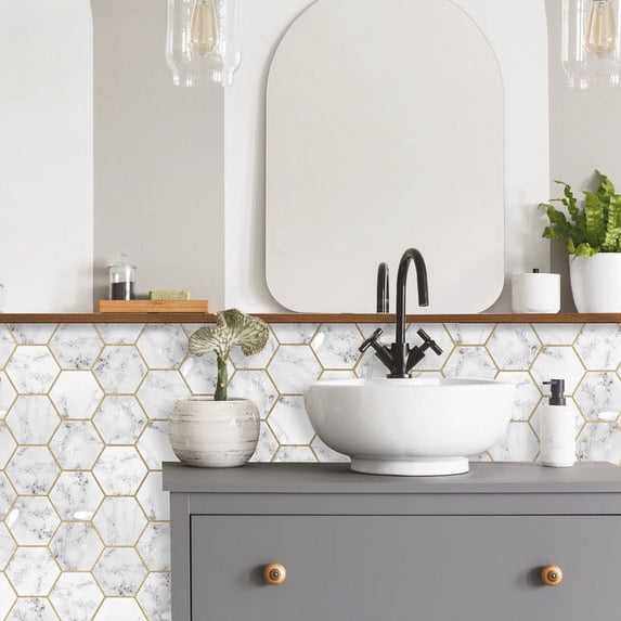RoomMates 6" x 6" White Marble Hexagon Peel and Stick Tiles for Bathroom 4 Pack