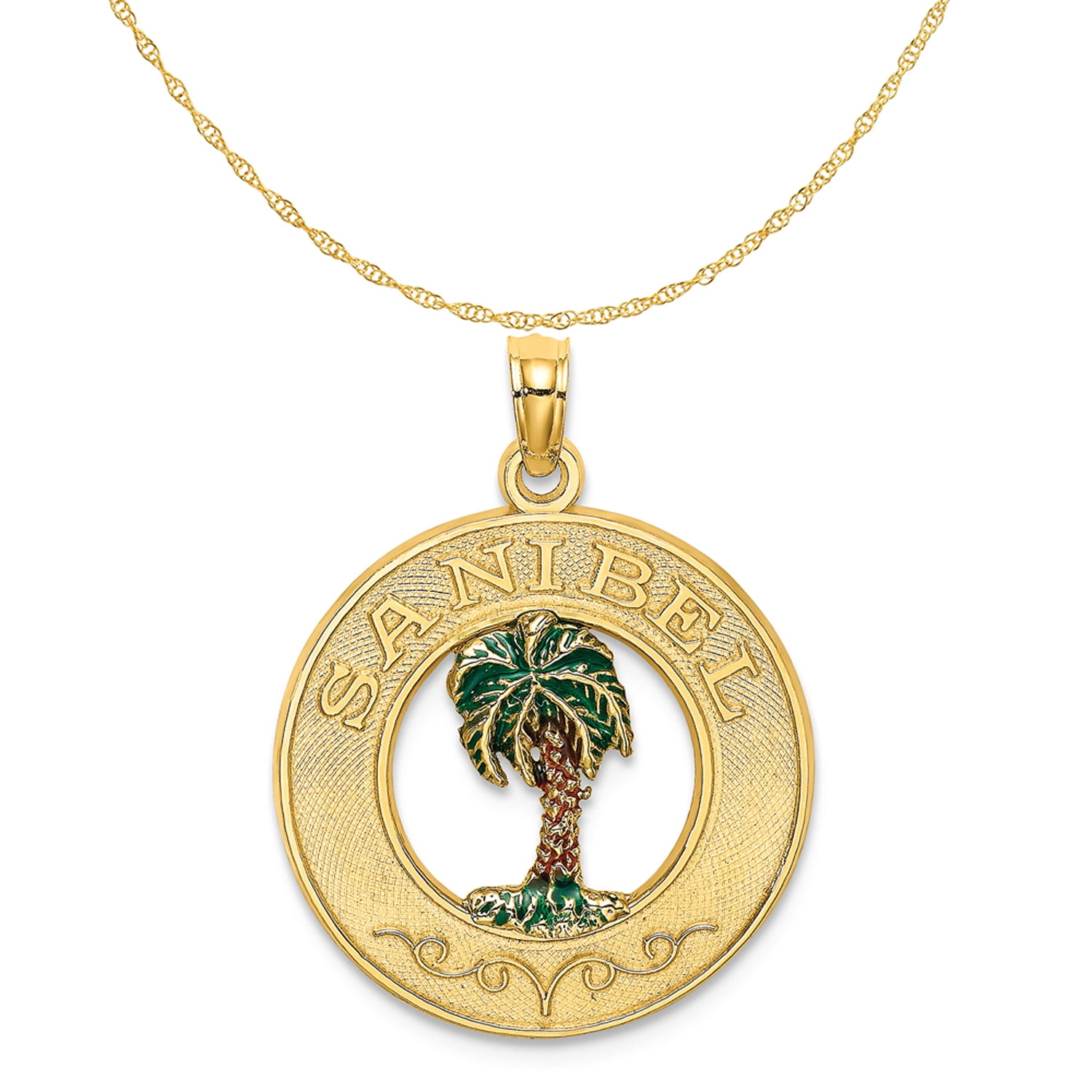 Carat in Karats 14K Yellow Gold Sanibel Circle With Enamel Palm Tree  Pendant Charm (24.2mm x 19.2mm) With 10K Yellow Gold Lightweight Rope Chain 