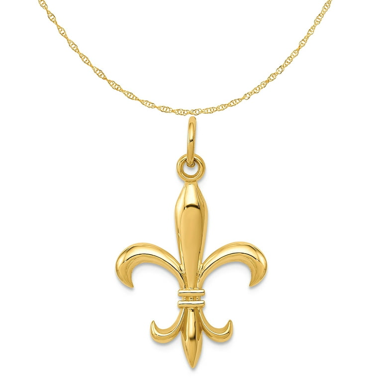 Carat in Karats 10K Yellow Gold Hollow Fleur De Lis Pendant Metal Mold  Charm (30mm x 18mm) With 14K Yellow Gold Lightweight Rope Chain Necklace  20'' 