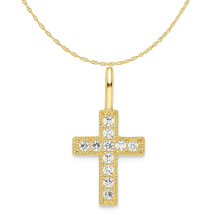 Carat in Karats 14K Yellow Gold CZ Cross Pendant Charm (9mm) With 10K  Yellow Gold Lightweight Rope Chain Necklace 20''