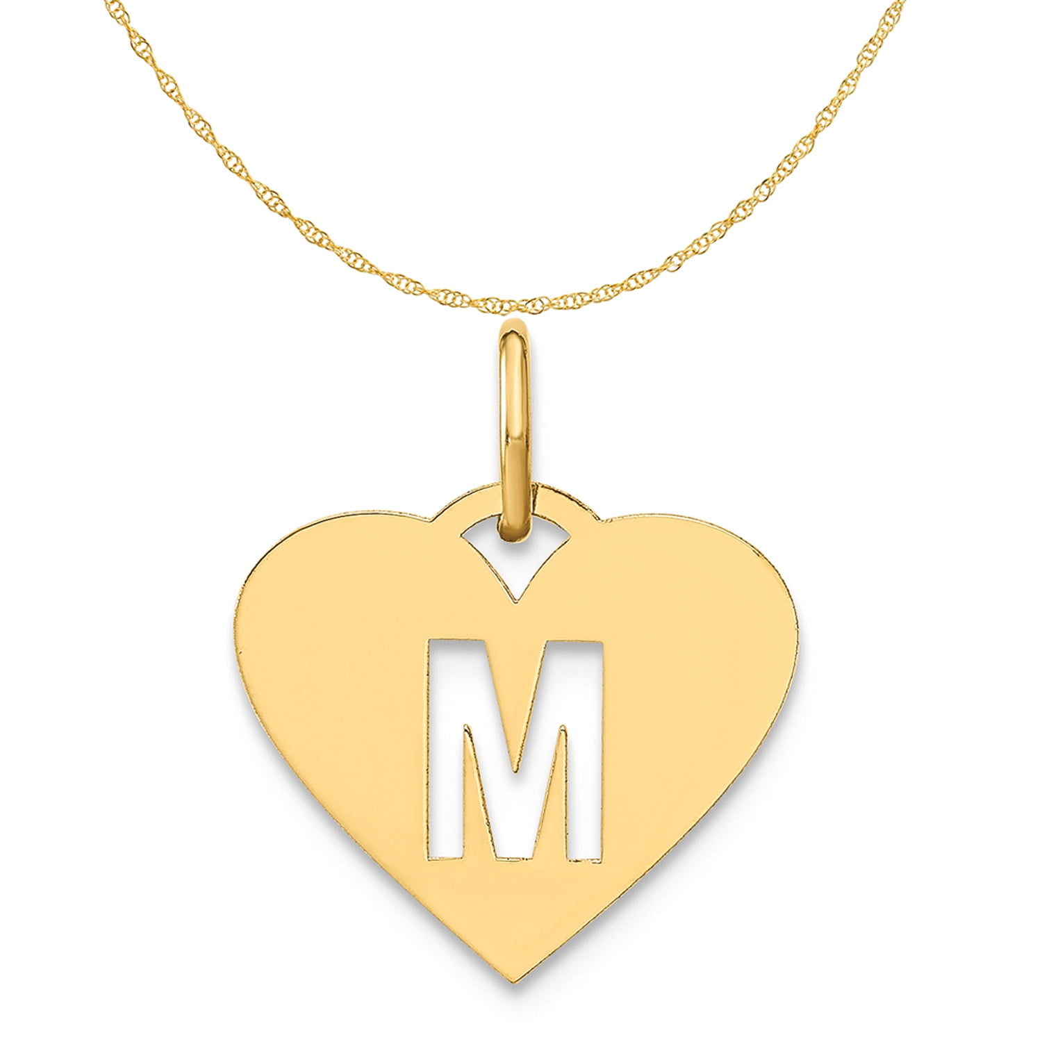 Carat in Karats 14K Yellow Gold Initial Letter M Initial Pendant Charm  (13.86mm x 15.48mm) With 14K Yellow Gold Lightweight Rope Chain Necklace  16'' 