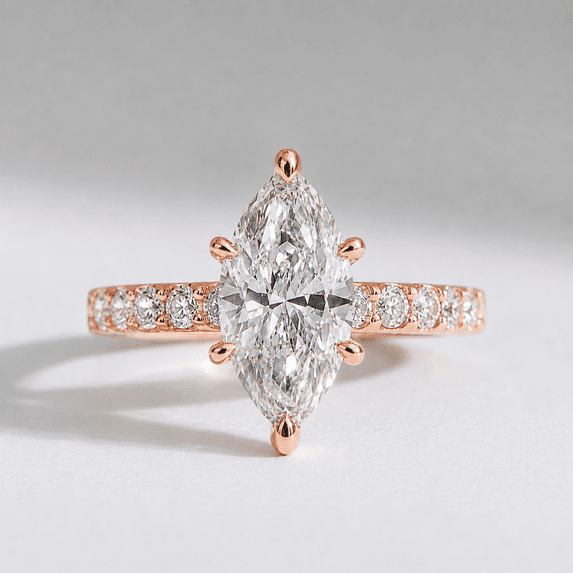 Caratfinejewels 3.00Ct Marquise Lab Grown Diamond Solitaire Engagement Ring, Pave Band, 10K Rose Gold