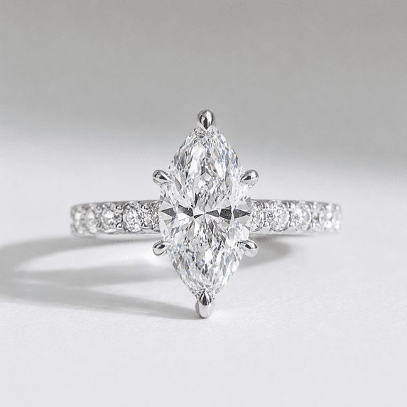 Caratfinejewels 3.00Ct Marquise Lab Grown Diamond Solitaire Engagement Ring, Pave Band, 10K White Gold