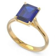 Caratup New Emerald Cut 2.50 Carat Blue Sapphire Gemstone Solitaire Anniversary Ring for Women Solid 18K Yellow Gold Size 7