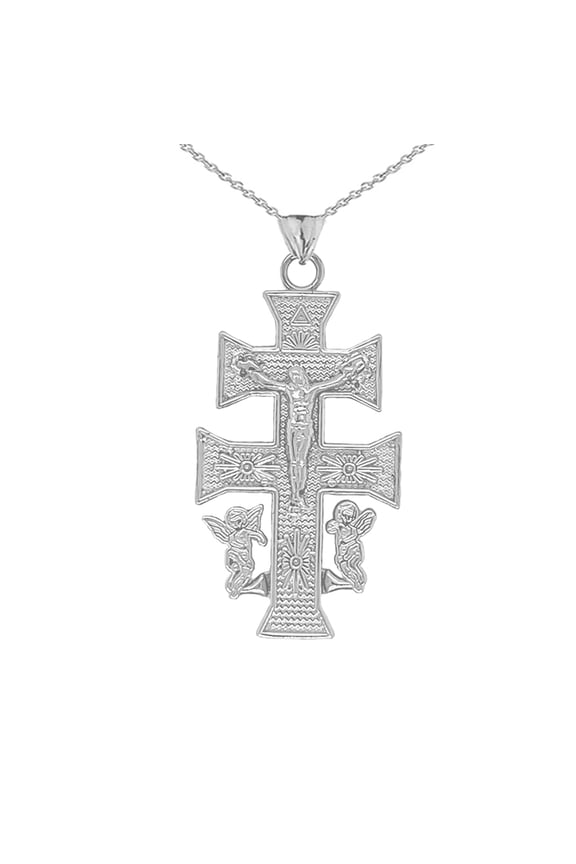 Caravaca Double Cross With Angels Crucifix Pendant Necklace, 16"