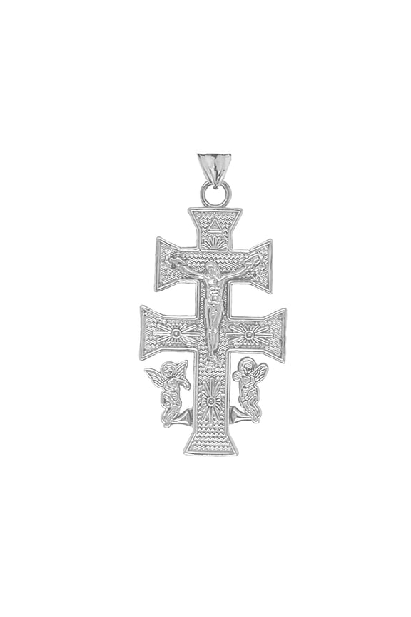 Caravaca Double Cross With Angels Crucifix Pendant in Sterling Silver