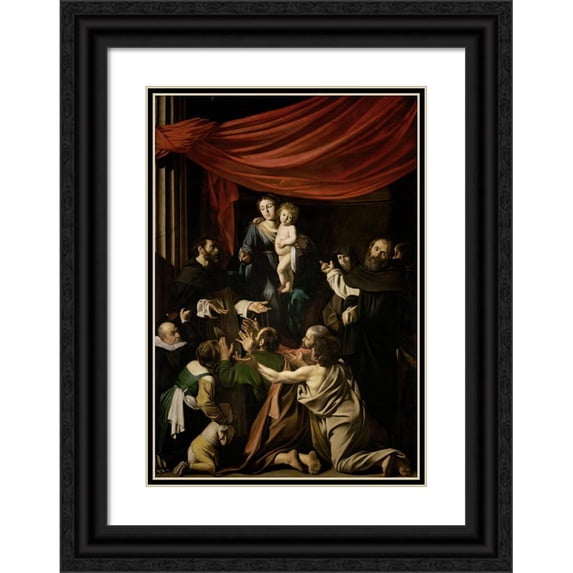 Caravaggio 11x14 Black Ornate Wood Framed Double Matted Museum Art Print Titled: Madonna of the Rosary (Between 1605 and 1607)