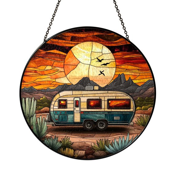 Caravan Across Desert Glass Suncatcher Round Window Ornament, Adventure Inspired Decor Gift