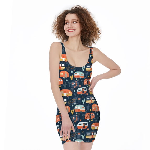 Caravan Camping Pattern Print Sleeveless Bodycon Dress, Camper Camping Fashion Summer Maxi Dress For Women