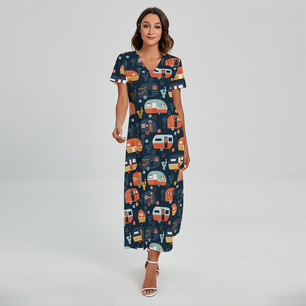 NOBRAND Camping Tent Pattern Printed Short Sleeve Maxi Dress, Camper Camping Fashion Summer Maxi Dress for Women, Women's, Size: XL