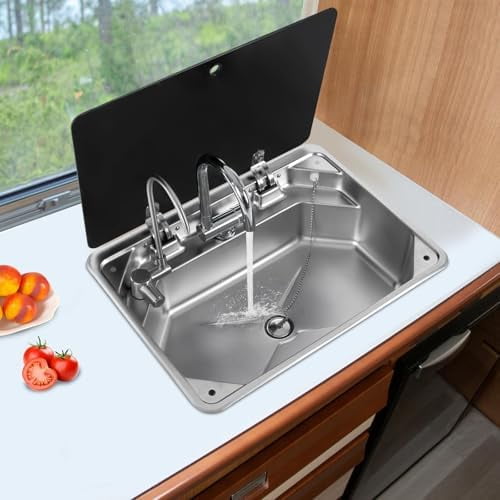 Caravan RV Sink Boat Stainless Steel Hand Wash Basin Sink Drop In Bar Single Bowl Sinks Indoor RV Kitchen Sink with 2 Faucet and Lid for Camper Trailer Accessories, 17.83*12.8*6.57 in Silver