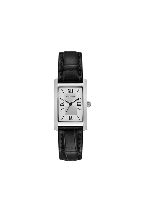 Designed By Bulova Women's Classic Rectangular Black Leather Strap Dress Watch 43L202