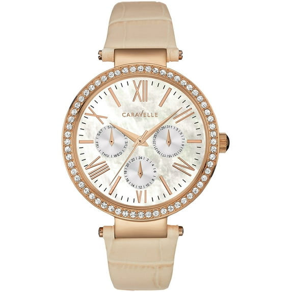 Caravelle Women's Stainless Steel Case Cream Leather Strap Pearl Dial Rose Gold Watch - 44N105
