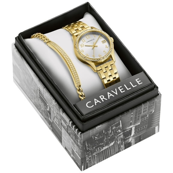 Caravelle by Bulova Women's Crystal Accented Gold-tone Stainless Steel Watch and Crystal Bracelet Box Set - 44X101