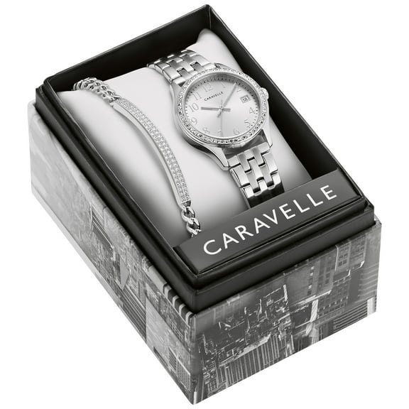 Caravelle by Bulova Women's Crystal Accented Stainless Steel Watch and Crystal Bracelet Box Set - 43X104
