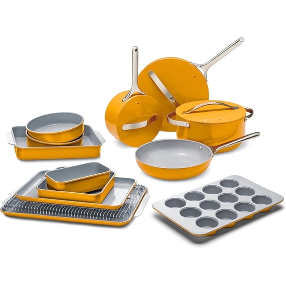 Caraway 23-Piece Nonstick Ceramic Cookware & Bakeware Set – Pots, Frying Pans, Lids, Baking Sheets, Pans, Cooling Rack & Storage – Oven Safe, – Compatible with All Stovetops - Marigold