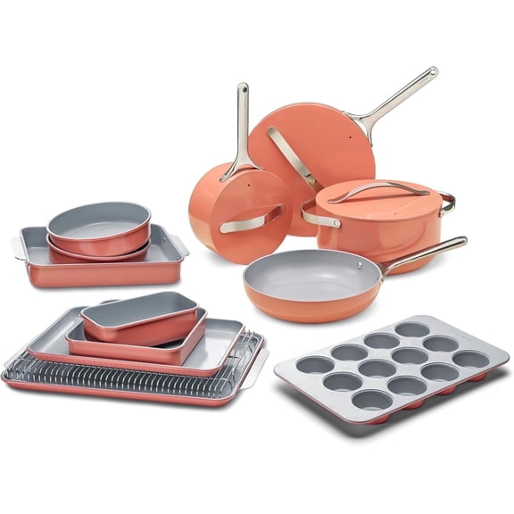 Caraway 23-Piece Nonstick Ceramic Cookware & Bakeware Set – Pots, Frying Pans, Lids, Baking Sheets, Pans, Cooling Rack & Storage – Oven Safe, – Compatible with All Stovetops - Perracotta