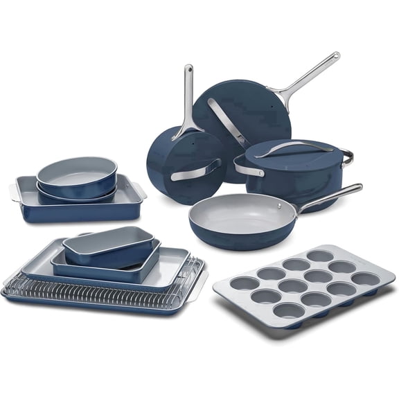 Caraway 23-Piece Nonstick Ceramic Cookware & Bakeware Set – Pots, Frying Pans, Lids, Baking Sheets, Pans, Cooling Rack & Storage – Oven Safe, – Compatible with All Stoves - Navy