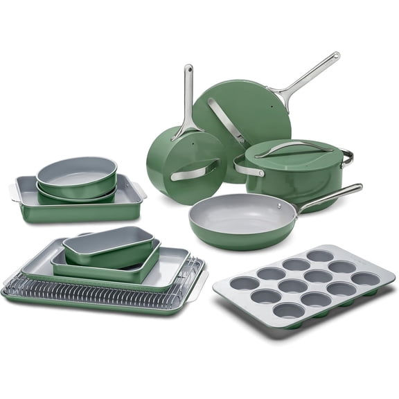 Caraway 23-Piece Nonstick Ceramic Cookware & Bakeware Set – Pots, Frying Pans, Lids, Baking Sheets, Pans, Cooling Rack & Storage – Oven Safe, – Compatible with All Stovetops - Sage