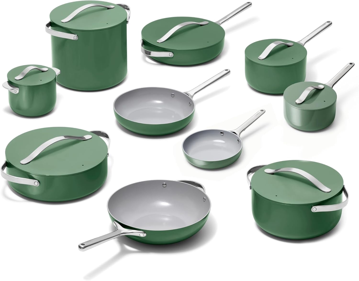 Caraway 24-Piece Nonstick Ceramic Cookware Set - Includes Fry Pans, Sauce, Sauté Pan, Dutch Oven, Petite Cooker, Stir Fry, Rondeau, Stock Pot, Lids & Storage Organizers - Sage