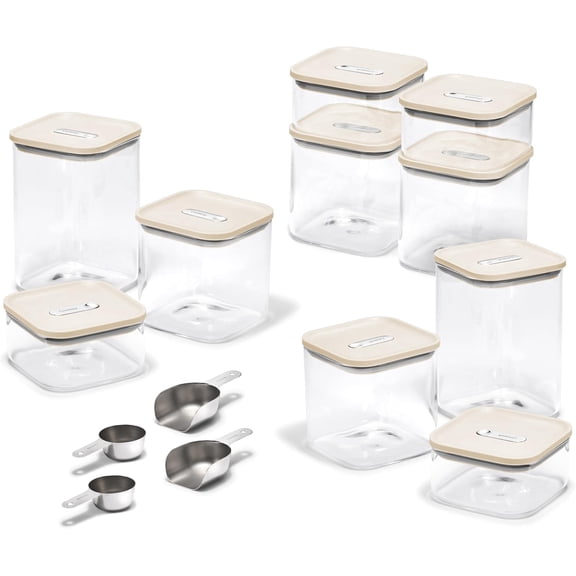 Caraway 26-Piece Ultimate Airtight Glass Food Storage Containers with , Scoops, Measuring Cups and Organizers - BPA-Free Stackable Space-Saving Containers for Pantry - Cream