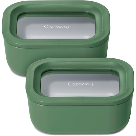 Caraway 2pc Glass Food Storage Set - 2.6 Cup Food Containers (2) - Non-Toxic Ceramic-Coated Glass - Air Release Technology - Compact & Stackable Design - Sage
