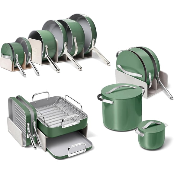 Caraway 31-Piece Ceramic Cookware Bundle - Fry Pans, Saucepans, Sauté Pan, Dutch Oven, Petite Cooker, Stir Fry, Rondeau, Stock Pot, Grill & Griddle Pans, Roasting Pan, Racks, Organizers - Sage