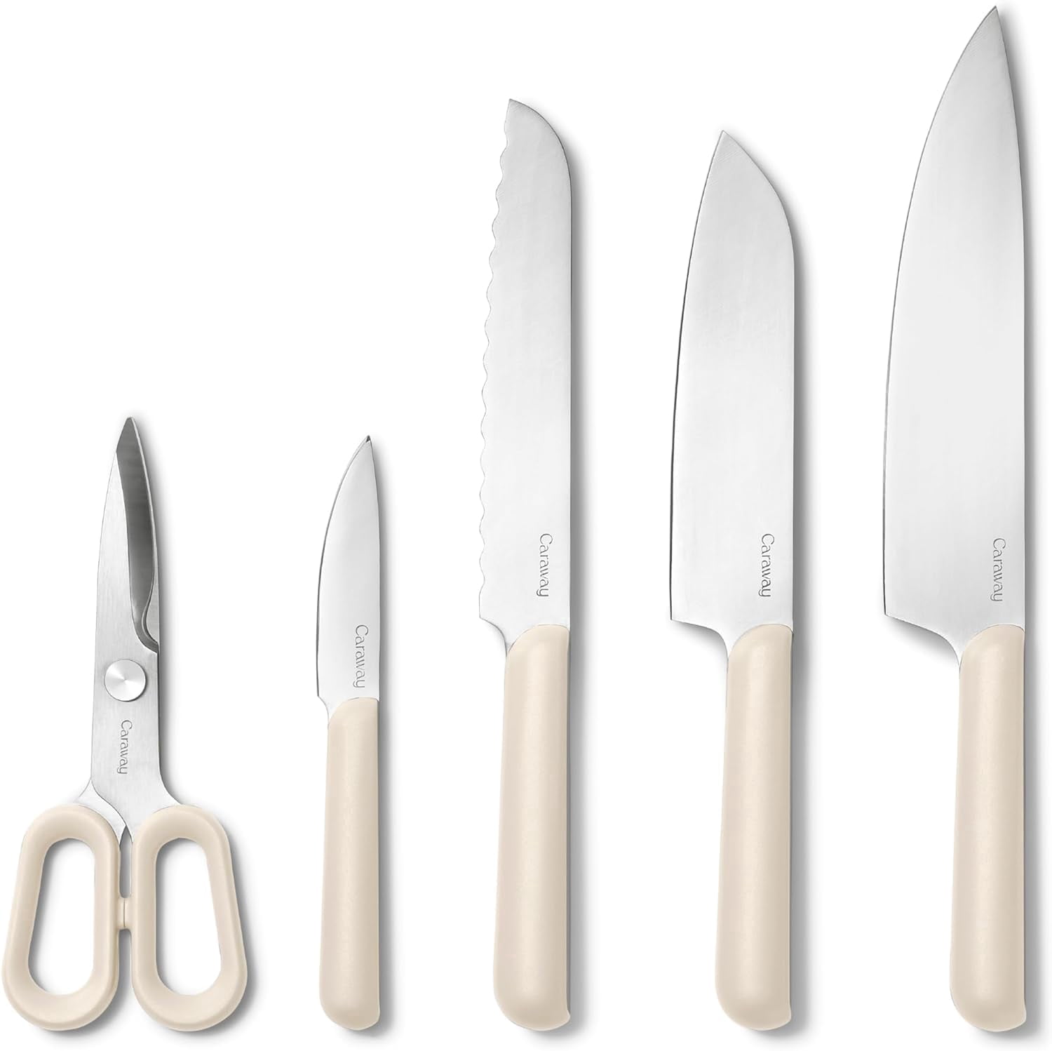 Caraway 5 Piece Knife Set - Premium German Steel Blade Kitchen Knives - Ergonomic Handles - No Microplastics - Cream