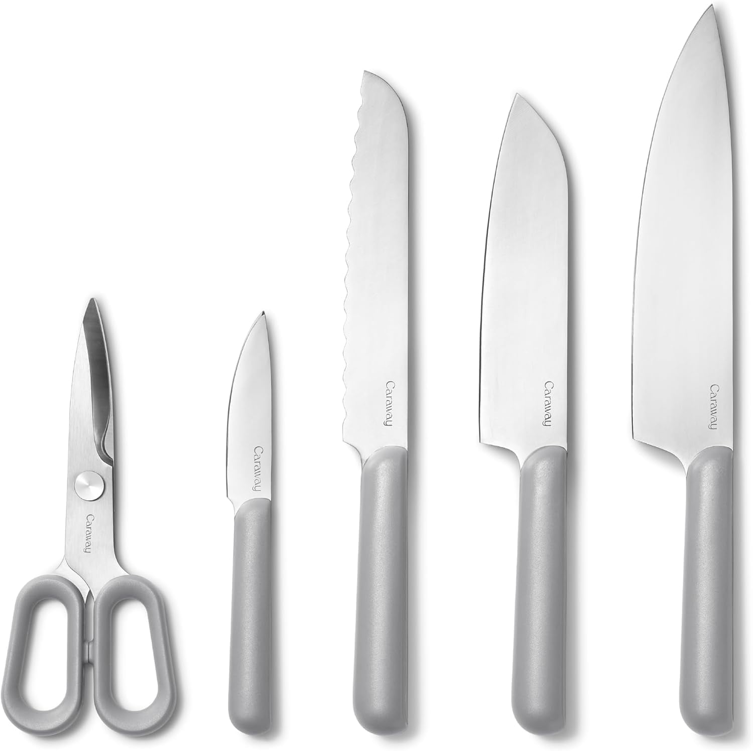 Caraway 5 Piece Knife Set - Premium German Steel Blade Kitchen Knives - Ergonomic Handles - No Microplastics - Gray