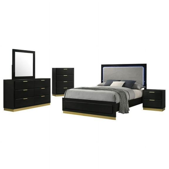Caraway 5-piece Queen Bedroom Set with LED Headboard Black and Grey