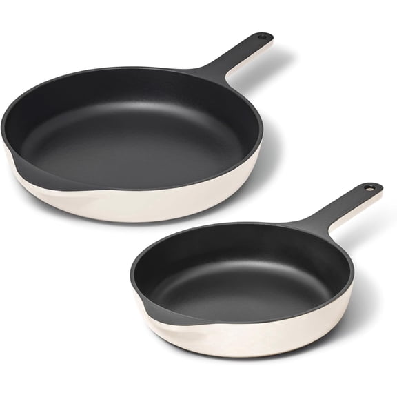 Caraway Cast Iron Skillet Set - 8" & 10.5” Enameled Cast Iron Pan With 3 Layer Enamel Coating - No Seasoning Required - Compatible With All Stovetops - Free From Forever Chemicals - Cream