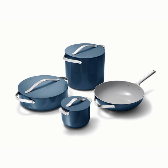 Caraway Cookware+ Collection - Specialty Cookware Set - Petite Cooker, Stir Fry Pan, Rondeau, & Stock Pot - 3 s & Storage Organizer Included - Navy