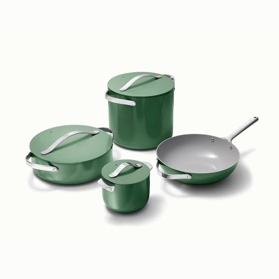 Caraway Cookware+ Collection - Specialty Cookware Set - Petite Cooker, Stir Fry Pan, Rondeau, & Stock Pot - 3 s & Storage Organizer Included - Sage