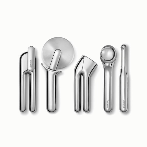 Caraway Home 6pc Kitchen Gadget Set: Stainless Steel Utensils, Includes Peeler, Pizza Cutter, Can Opener, Silver Holder